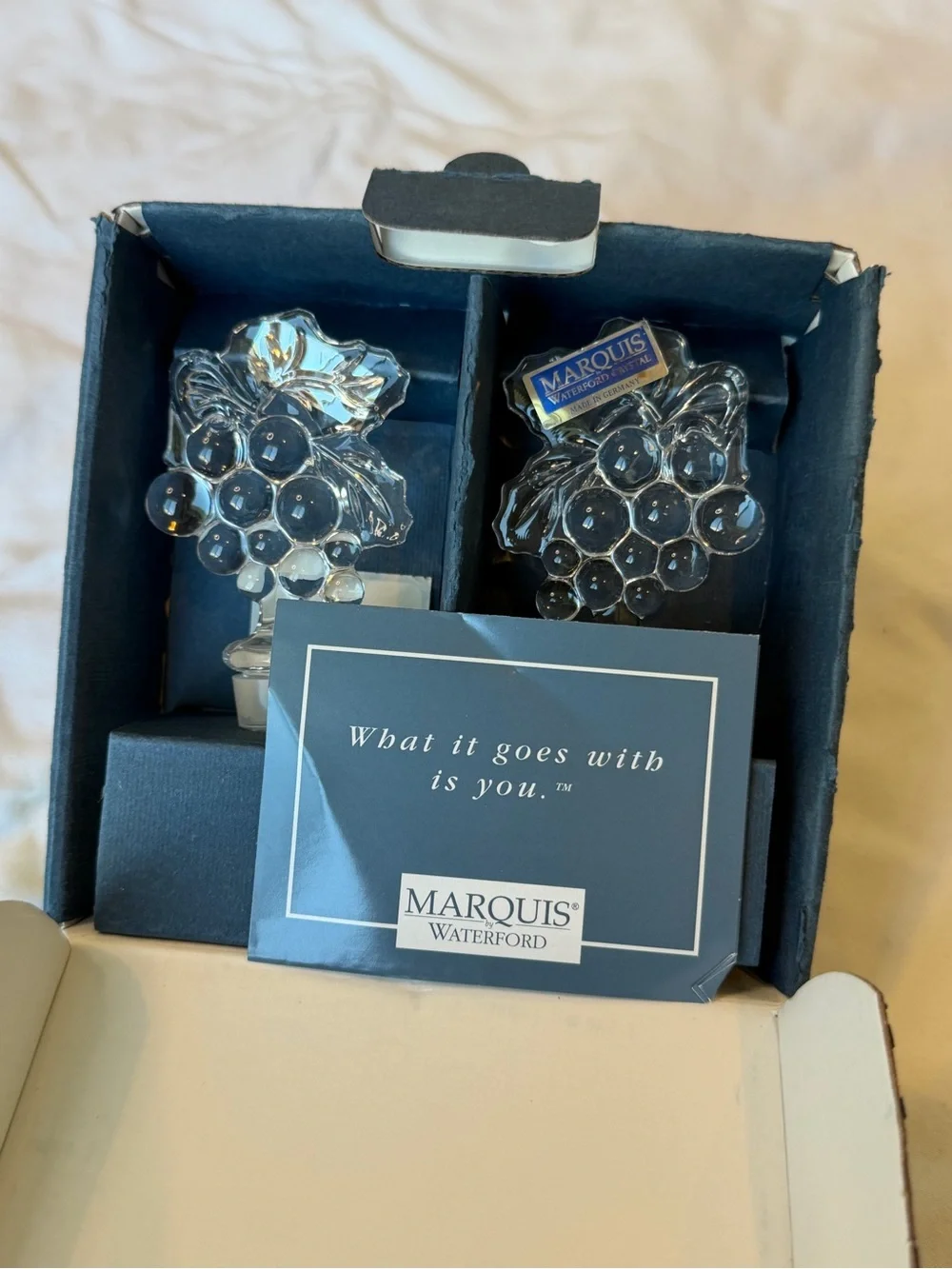 Marquis by Waterford Crystal Grape Wine Stoppers Set 2 Vintage Box Germany